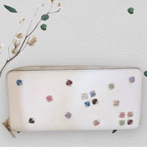 Kate Spade White Leather Zip Around Continental Wallet w/ Multi-Colored Hearts